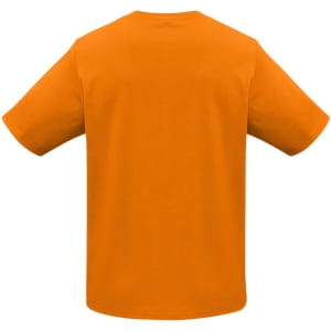 An orange men's short sleeve tee with a simple design and a logo on the back.