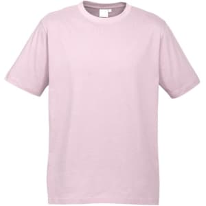 A pink short sleeve tee made from soft fabric, featuring a round neckline and an unembellished design.