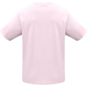 A pink short sleeve tee with a round neckline, featuring a logo on the back. Suitable for kids.