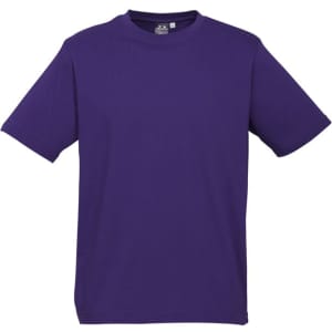 A purple short sleeve tee with a regular fit, featuring a logo on the label.