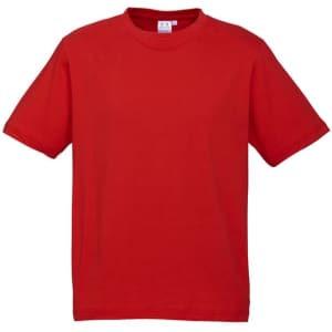 A red short sleeve tee in a casual style, featuring a logo on the label.