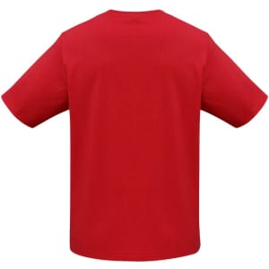 A red short sleeve tee featuring a plain design and a logo on the back.