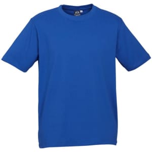 A blue short sleeve t-shirt featuring a crew neck design and a logo on the tag.