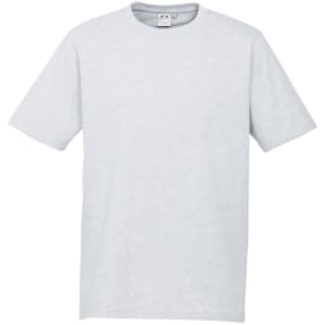 A light grey short sleeve men's tee with a simple design and a tag visible at the neckline.