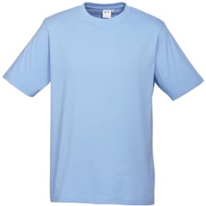 A light blue short sleeve tee shirt with a round neckline and a logo. Ideal for casual wear.