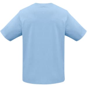 A short sleeve tee in light blue, featuring a simple design and a logo on the back.