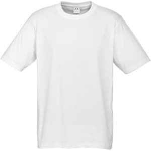 A white short sleeve tee with a casual fit and a logo on the tag.