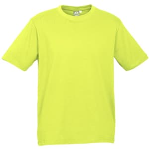 A bright green short sleeve tee, featuring a classic crew neck and a simple, unbranded design.