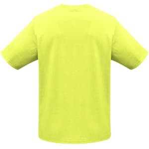 A bright yellow short sleeve tee with a plain back. The shirt features a logo.