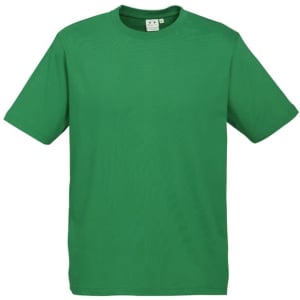 A green short sleeve tee for kids, featuring a crew neckline and a simple design. It has a logo.