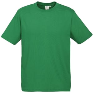 A green short sleeve tee for kids, featuring a simple design and a logo on the label.