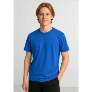 A short-sleeve tee in bright blue, featuring a simple design and a logo on the front.