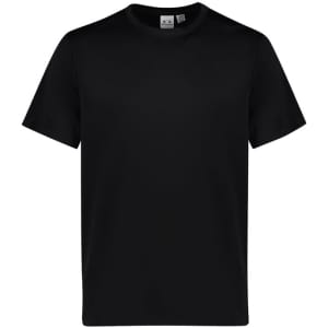 A black short sleeve tee featuring a simple design and a logo on the label. Suitable for kids.