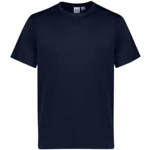 A navy short sleeve tee featuring a simple design and a logo on the tag.
