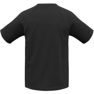 A black short sleeve tee for kids featuring a logo. The design includes raglan sleeves.