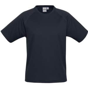 A short sleeve tee in navy blue with a simple design and a logo on the label. Suitable for kids.