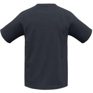 A black short sleeve tee with raglan sleeves and a logo on the back.