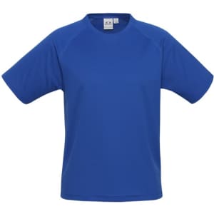 A blue short sleeve tee for kids featuring a simple design and a logo on the label.