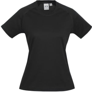 A black women's sprint short sleeve tee with a crew neck and a logo on the label.