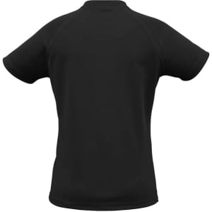 A women's short sleeve tee in black with a round neck and raglan sleeves. Features a logo on the back.