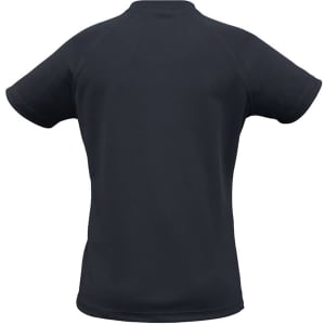 A black women's short sleeve t-shirt featuring a simple design and a logo on the back.