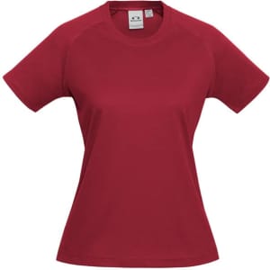 A red short sleeve tee with a fitted design, featuring a logo on the chest area.