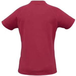 A red women's sprint short sleeve tee with a simple design and a small logo on the back.