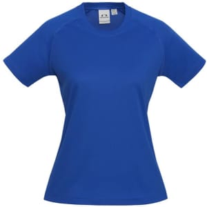A blue women's short sleeve tee with a fitted design and a logo on the front.