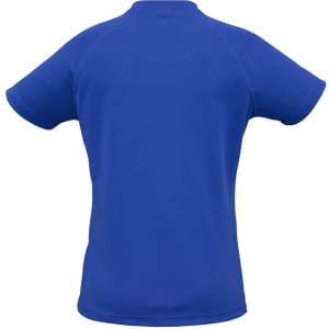 A blue women's short sleeve tee features a simple design and includes a branding logo.