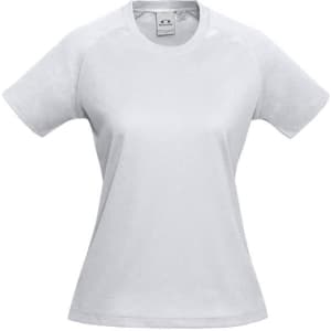 A white women's short sleeve tee featuring a fitted style and a logo on the label.