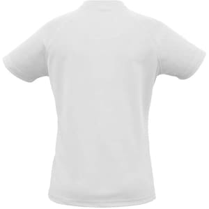 A white women's short sleeve tee with a fitted design, featuring a logo on the back.