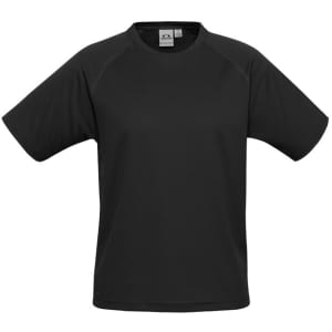 A black short sleeve tee designed for kids, featuring a simple design and a logo on the front.