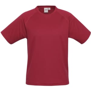A red short sleeve tee with a relaxed fit and a logo on the label. Suitable for kids.