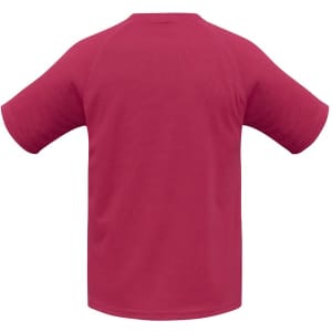 A short-sleeve tee in a solid magenta colour, featuring a simple design and a logo on the back.