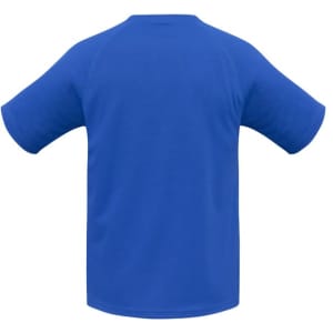 A blue short sleeve tee with a raglan style and a plain back. Features a logo.