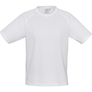 A white short sleeve tee with a rounded neck and raglan sleeves. It features a logo on the front.