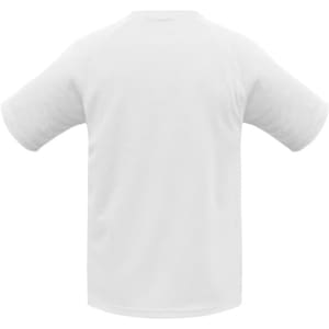 A white short sleeve tee with a raglan design and a logo at the back.