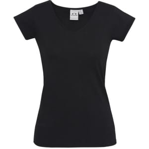 A black women's short sleeve tee with a V-neck design and a fitted silhouette. It features a logo.