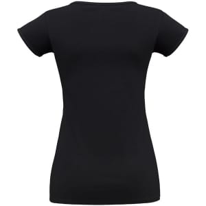 A black women's short sleeve tee, featuring a fitted design and a simple style. Includes a logo on the back.