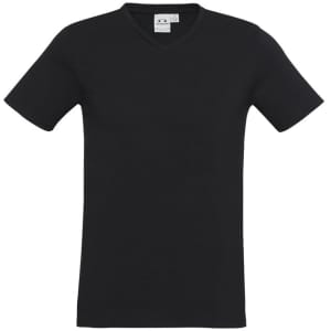 A black short sleeve tee with a V-neck design and a tag inside, featuring a logo.