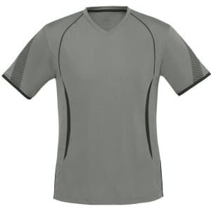 A short sleeve tee in grey with contrasting black accents and a logo on the chest.
