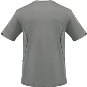 A men's short sleeve tee in grey featuring a logo and mesh detailing on the sides.