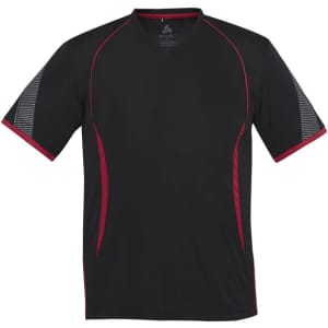A black short sleeve tee with red accents and a logo on the front. Features sporty design elements.