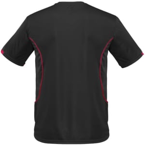 A black short sleeve tee featuring red accents and a logo on the back.