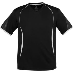 A black short sleeve tee with contrasting white accents and a logo on the front.