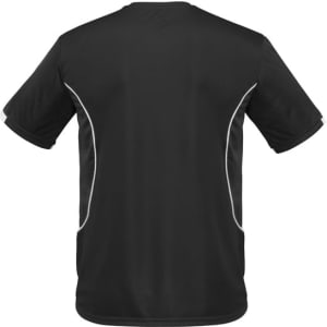 A black short sleeve tee with white piping and a logo. The shirt has a sporty design and a smooth finish.