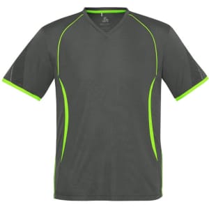 A grey short sleeve tee with contrasting green detailing and a logo on the front.