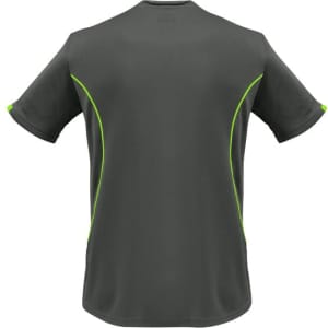 A dark green short sleeve tee with contrasting lime green accents and a branded logo.