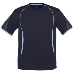 A short sleeve tee in navy blue with light blue accents and a logo. Designed for men, featuring a sporty style.