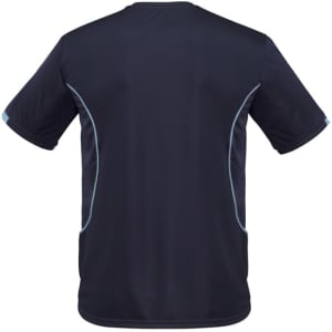 A men's short sleeve tee in navy blue featuring contrasting light blue accents and a logo on the back.
